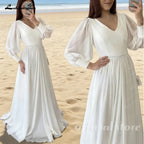 Beach Wedding Dress Summer Puff Sleeves V Neck Split Train Custom Bride Gown