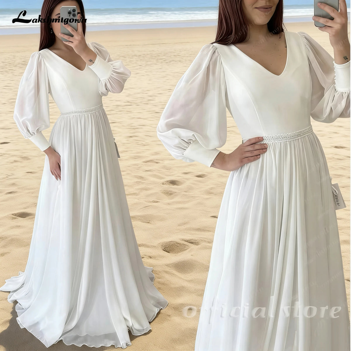 Beach Wedding Dress Summer Puff Sleeves V Neck Split Train Custom Bride Gown