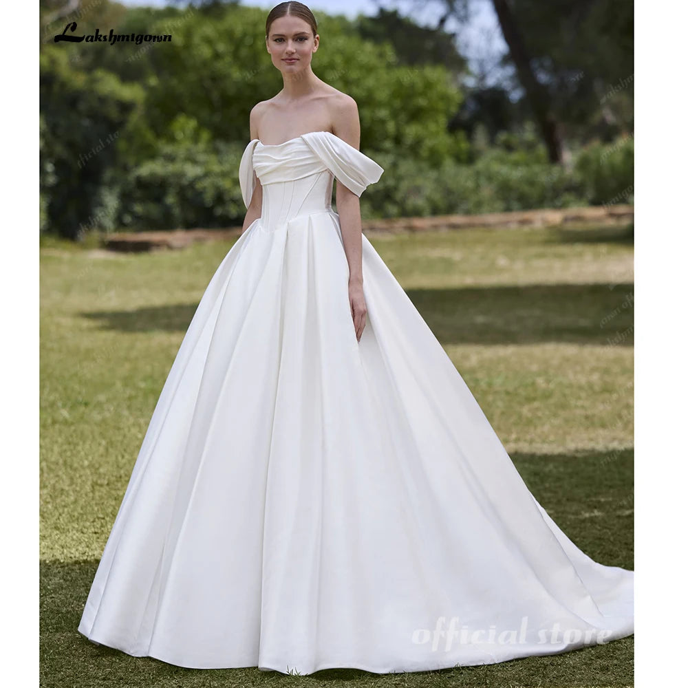 Pleat Off The Shoulder A Line Wedding Dress Custom Sweep Train