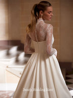 Custom High Neck Long Sleeves Lace Satin Bridal Gown With Sweep Train