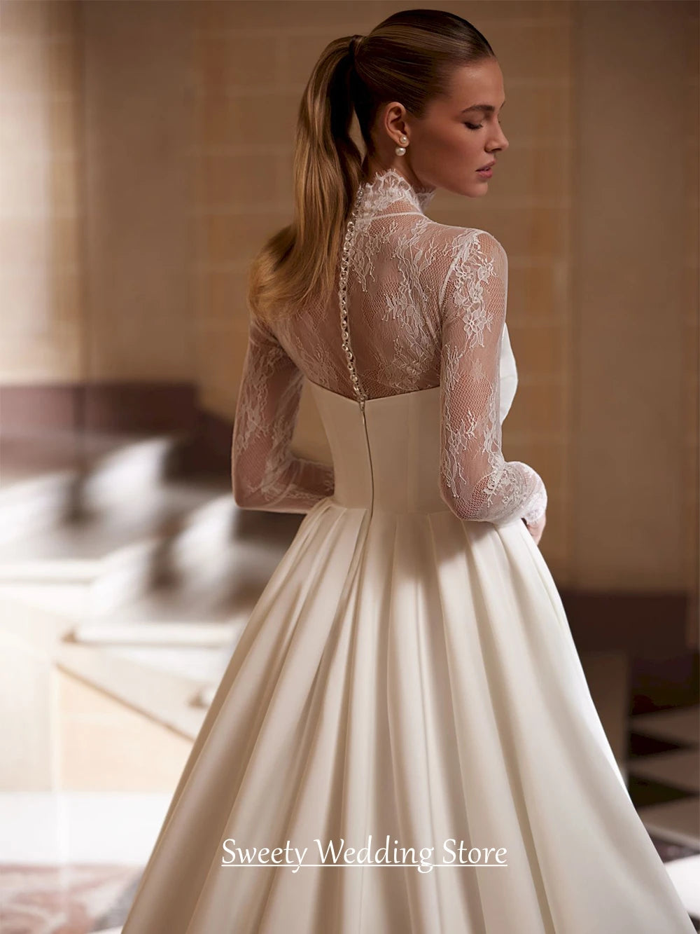 Custom High Neck Long Sleeves Lace Satin Bridal Gown With Sweep Train