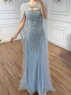 Luxury Blue Diamond Evening Dress With Cape LA73426