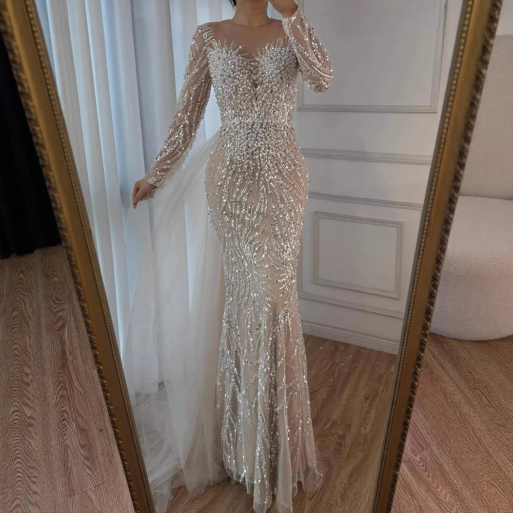 White Nude Long Sleeve Mermaid Beaded Pearl Custom Wedding Dress with Train