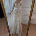 White Nude Long Sleeve Mermaid Beaded Pearl Custom Wedding Dress with Train
