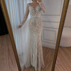 White Nude Long Sleeve Mermaid Beaded Pearl Custom Wedding Dress with Train