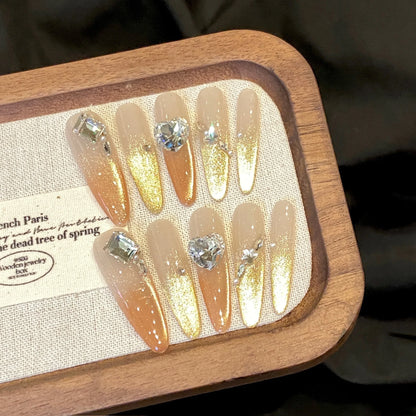 10 uñas postizas rojas hechas a mano, largas, estilo punk, con diseño de flores de diamante brillante Y2K, parches para uñas postizas. 