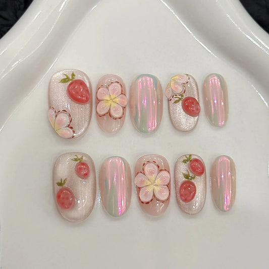 10 parches de uñas postizas ovaladas cortas y dulces, pintados a mano, con diseño de flor de fresa rosa en 3D, para primavera y verano, hechos a mano. 