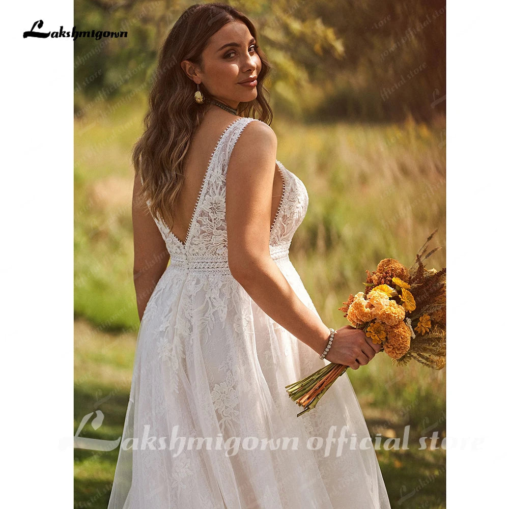 Plus Size Boho Lace A Line V Neck Customized Wedding Dress