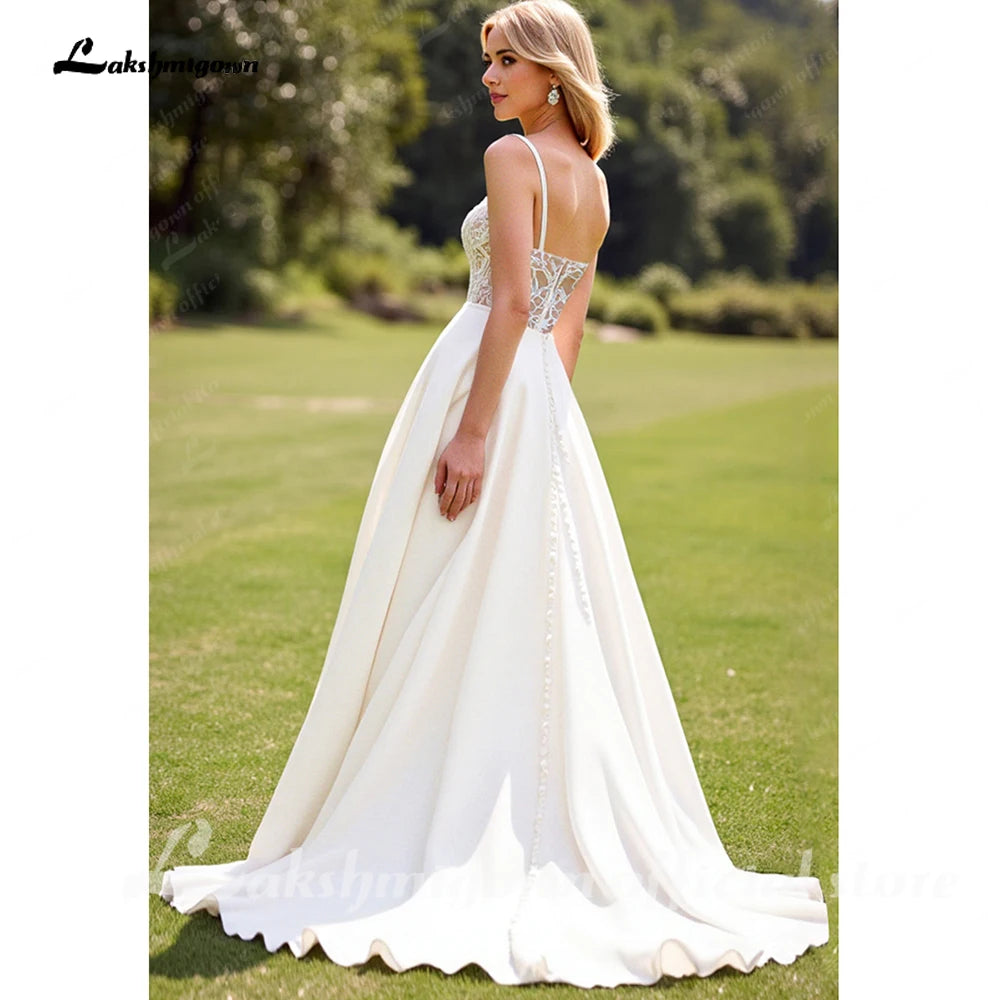 Custom Ivory Lace A Line Spaghetti Strap Crepe Satin Garden Wedding Dress
