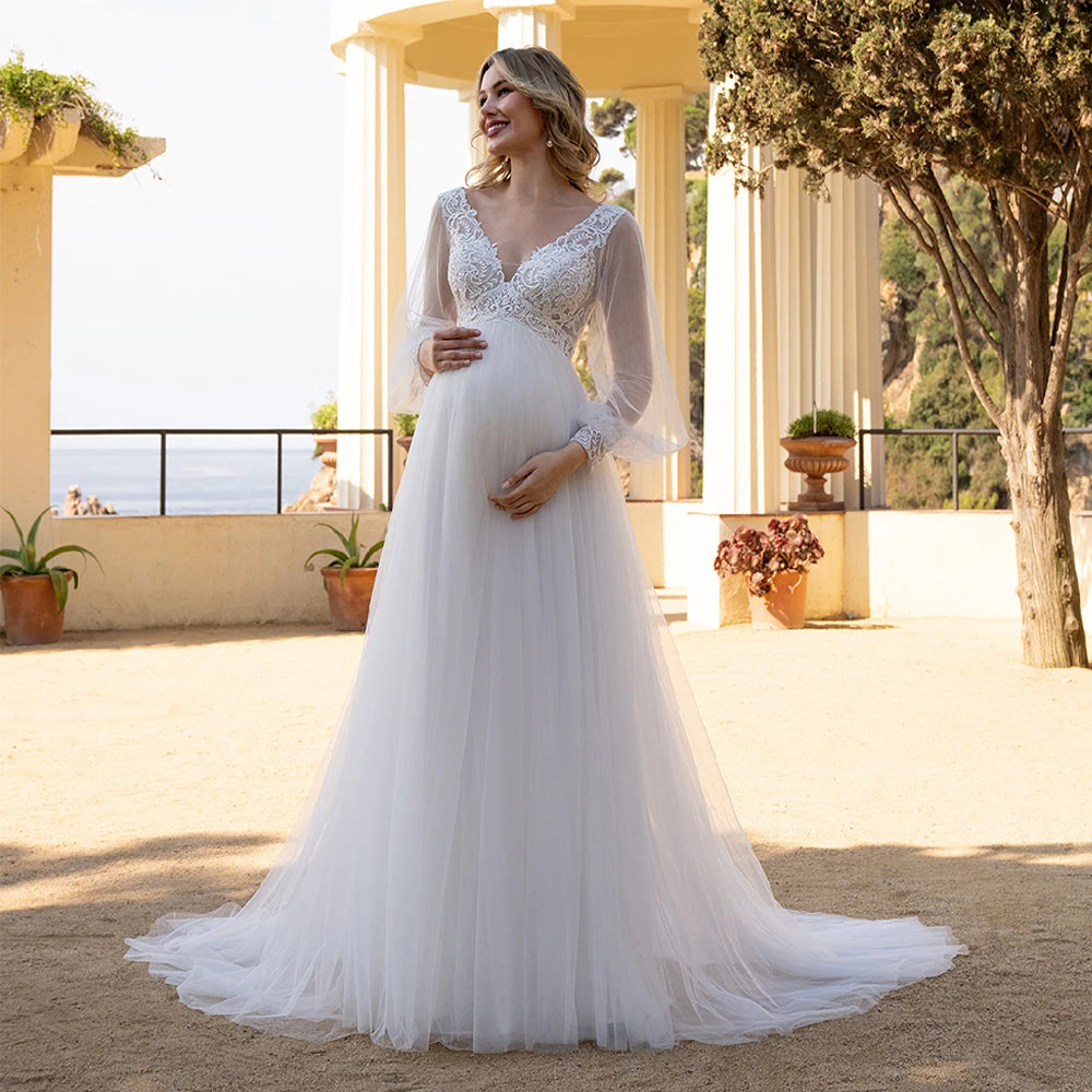 Custom Ivory Maternity Wedding Dress With V Neck And Puff Sleeve