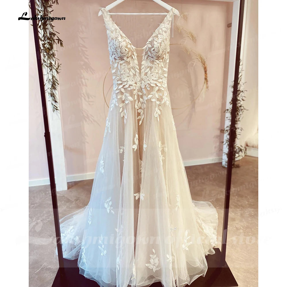 Custom Made Champagne Bridal Gown With V Neck Lace Appliques