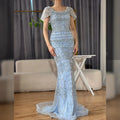 Women Blue Mermaid Beaded Evening Dress Detachable Sleeves Custom Fit