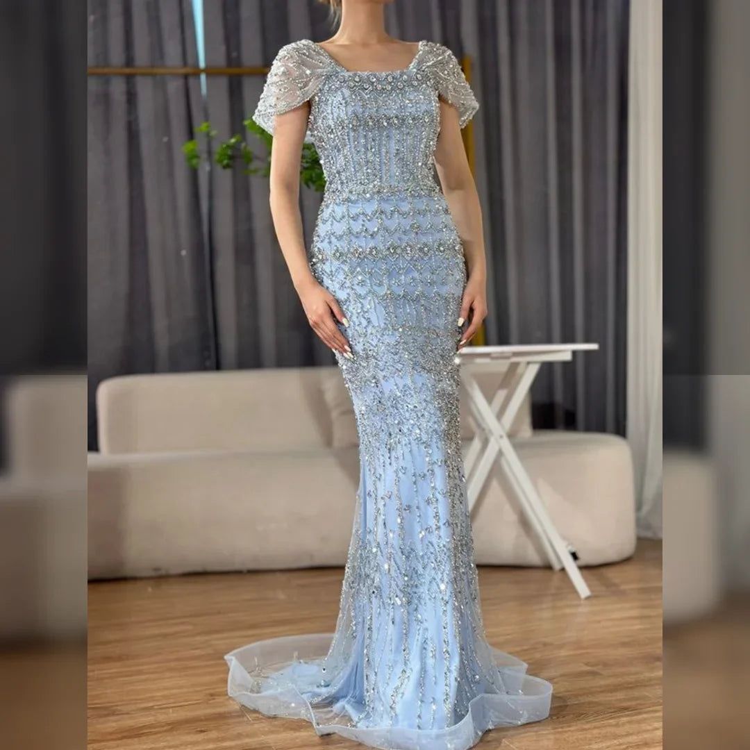 Women Blue Mermaid Beaded Evening Dress Detachable Sleeves Custom Fit