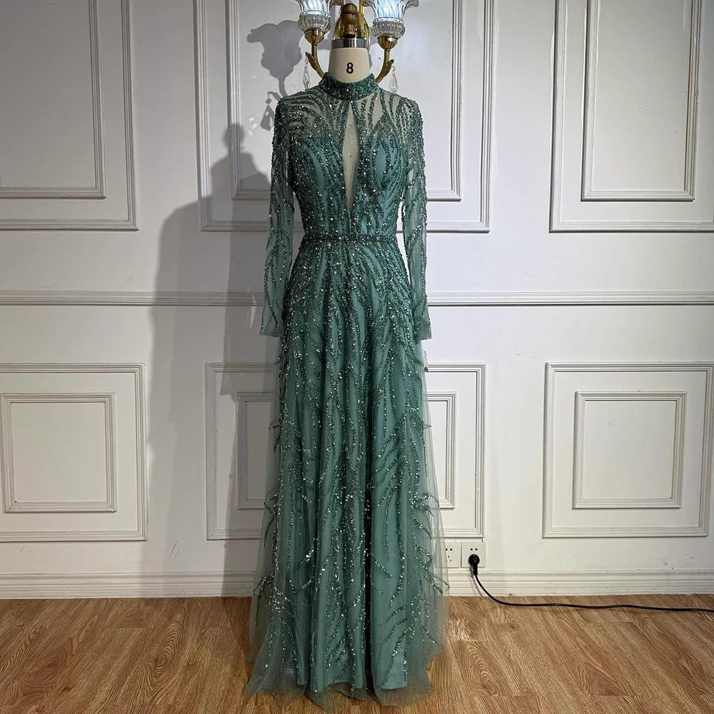 Custom Turquoise A Line Evening Dress With Beaded High Neck Formal Gown