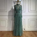 Custom Turquoise A Line Evening Dress With Beaded High Neck Formal Gown