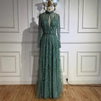 Custom Turquoise A Line Evening Dress With Beaded High Neck Formal Gown