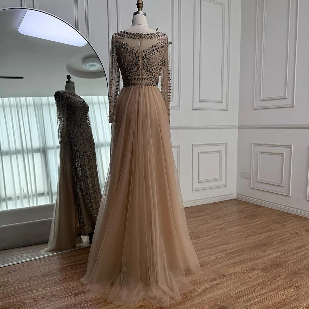 Pink Long Sleeve Mermaid Beaded Customized Evening Dress For Women