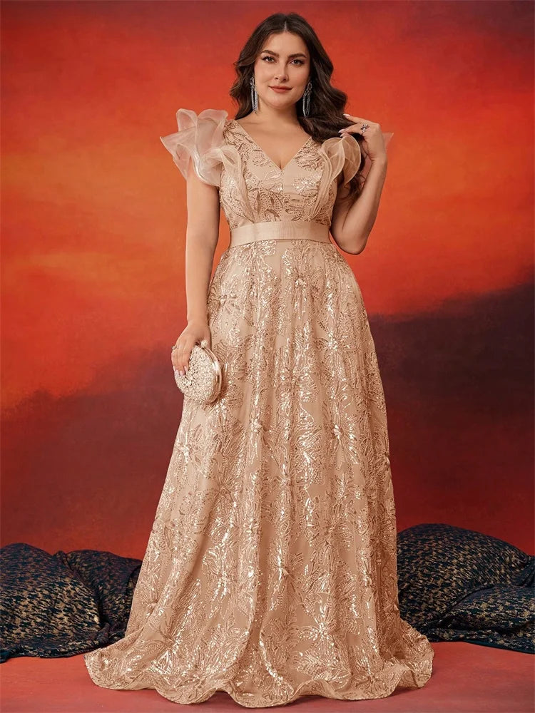 Vestido de noche gris con lentejuelas, escote en V y talla grande BLUEPLUM, elegante para mujer, espalda en V, vestido largo para boda, fiesta, baile de graduación y cóctel