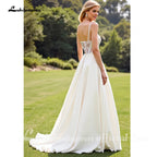 Custom Ivory Lace A Line Spaghetti Strap Crepe Satin Garden Wedding Dress