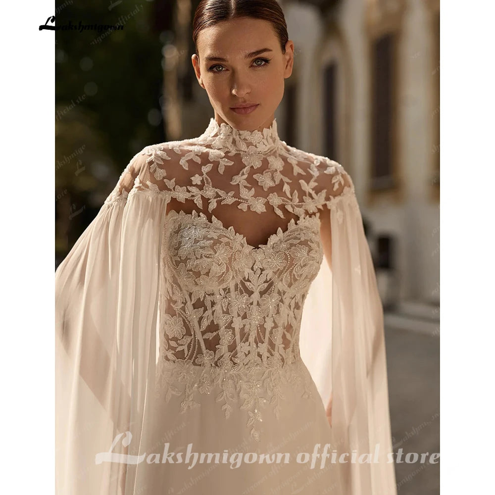Lakshmigown Two Piece Wedding Dress Sheer Lace Corset Chiffon Cape A Line Custom