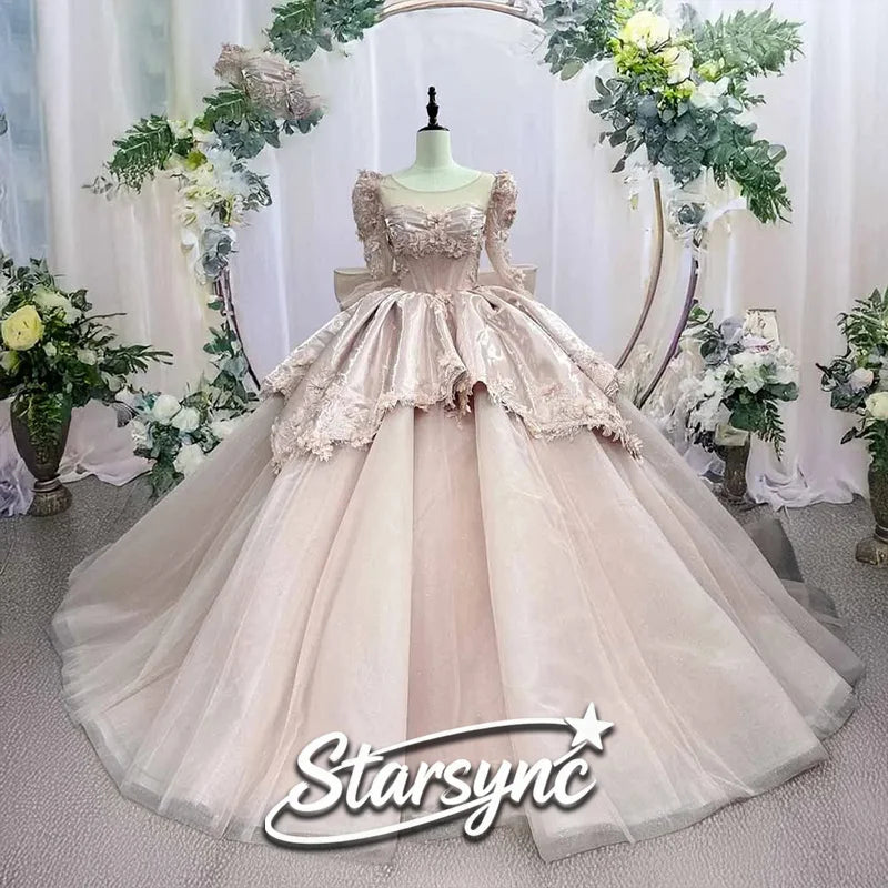 Rosa Herzensdame Stufenballkleid Anpassen Quinceañera Kleid Lange Ärmel Tüll Schulterfreies Kleid Volljährigkeitsfeier Kleid