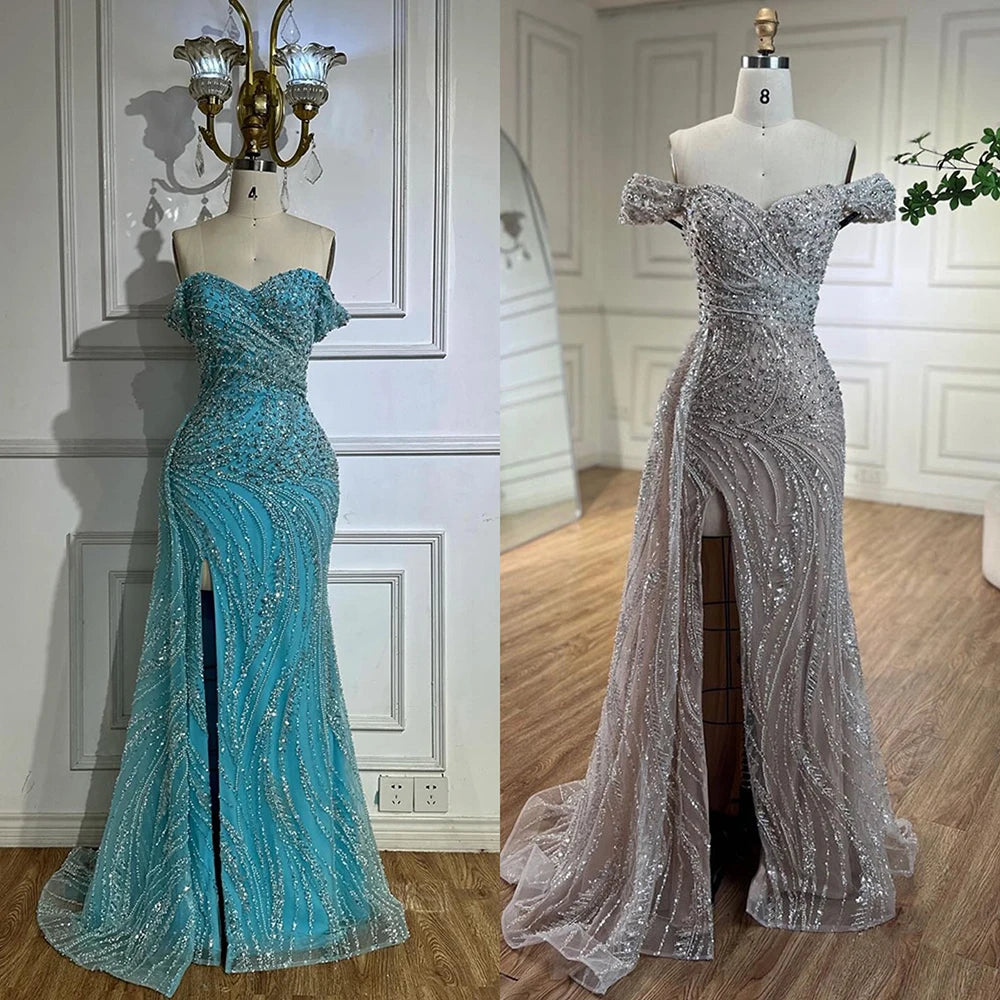 Light Blue Off Shoulder Mermaid Evening Dress Custom Beaded Party Gown Women