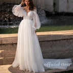Lakshmigown Puffy Long Sleeves A Line Wedding Dress Deep V Plus Size Custom