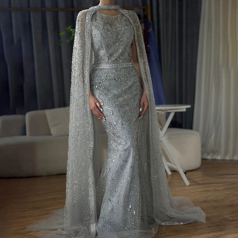 Gray Arabic Mermaid Beaded Evening Dress With Detachable Cape