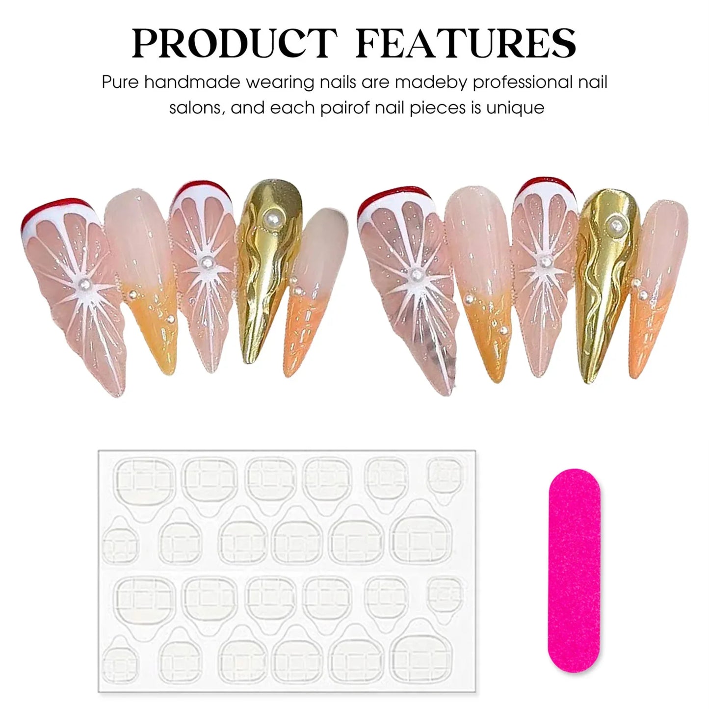 10 uñas postizas hechas a mano con diseños 3D de naranja dulce, reutilizables, largas, estilo stiletto, para salón de belleza. 