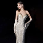 Luxurious Champagne White Sequin Formal Gown Strapless Sweetheart Neck and Sleeveless Evening Gala Gown Red Carpet Prom Dress