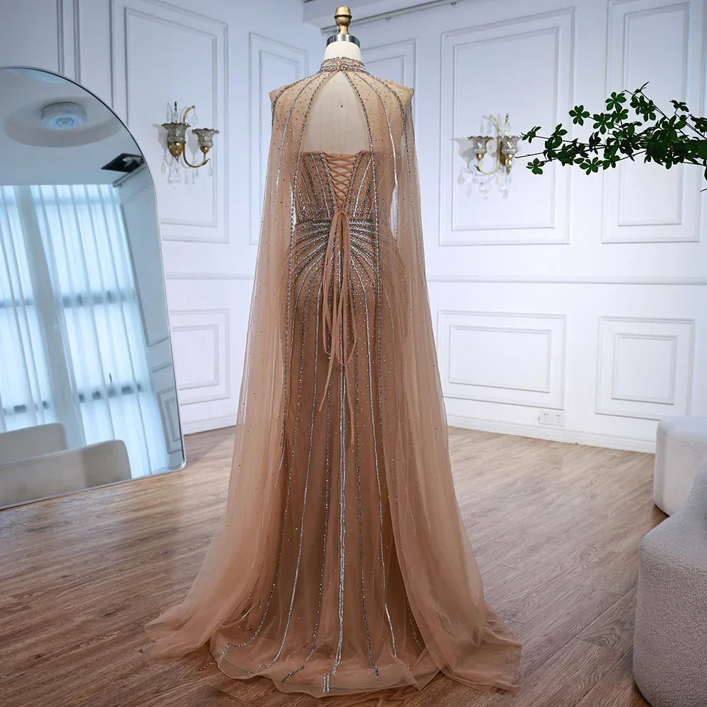 Luxury Nude Beaded Evening Gown With Cape Sleeves For Formal Custom Dress