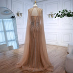 Luxury Nude Beaded Evening Gown With Cape Sleeves For Formal Custom Dress