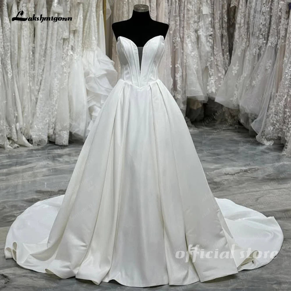 Custom Satin V Neck Sleeveless Pleated Civil Bridal Wedding Dress