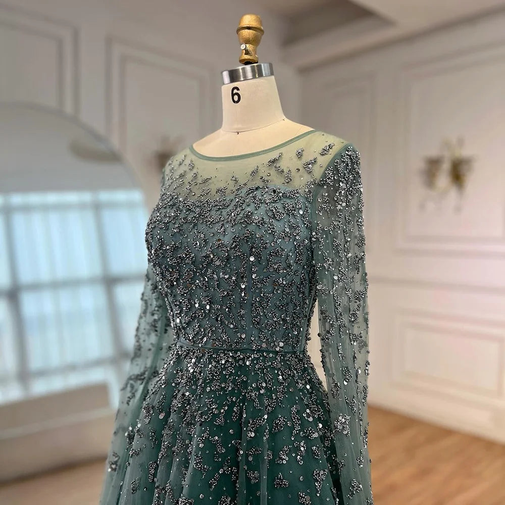 Turquoise A Line Beaded Evening Dress With Cape Sleeves For Women Formal