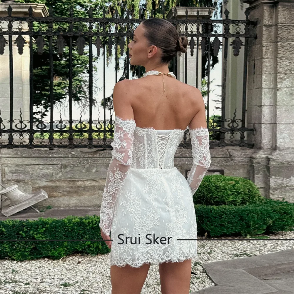 Custom Short A Line Lace Wedding Dress With Removable Sleeves