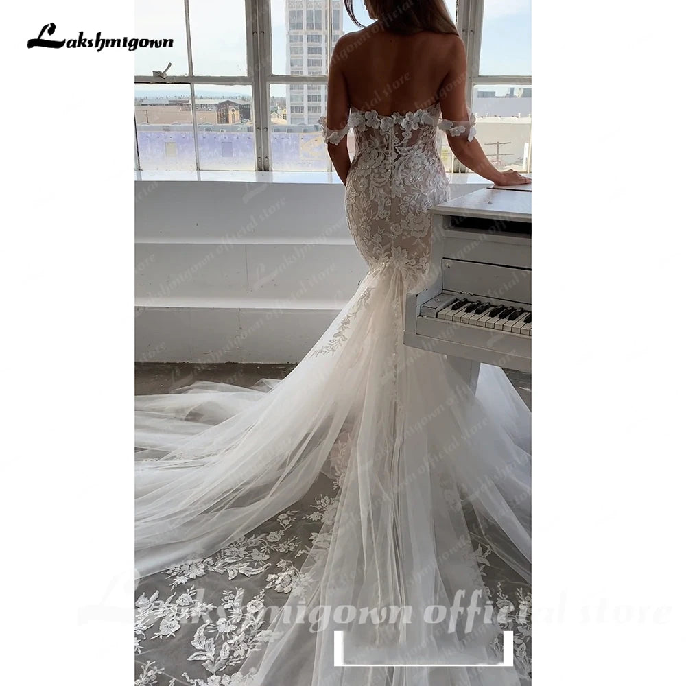 Lakshmigown Custom Off Shoulder Mermaid Wedding Dress Lace Backless Gown