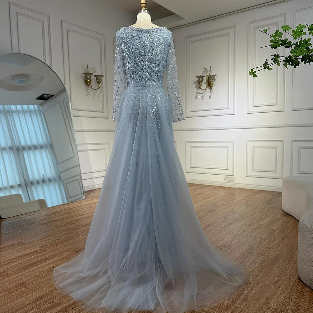 Green Square Neck Long Sleeve Mermaid Pearl Beaded Evening Party Gown Custom