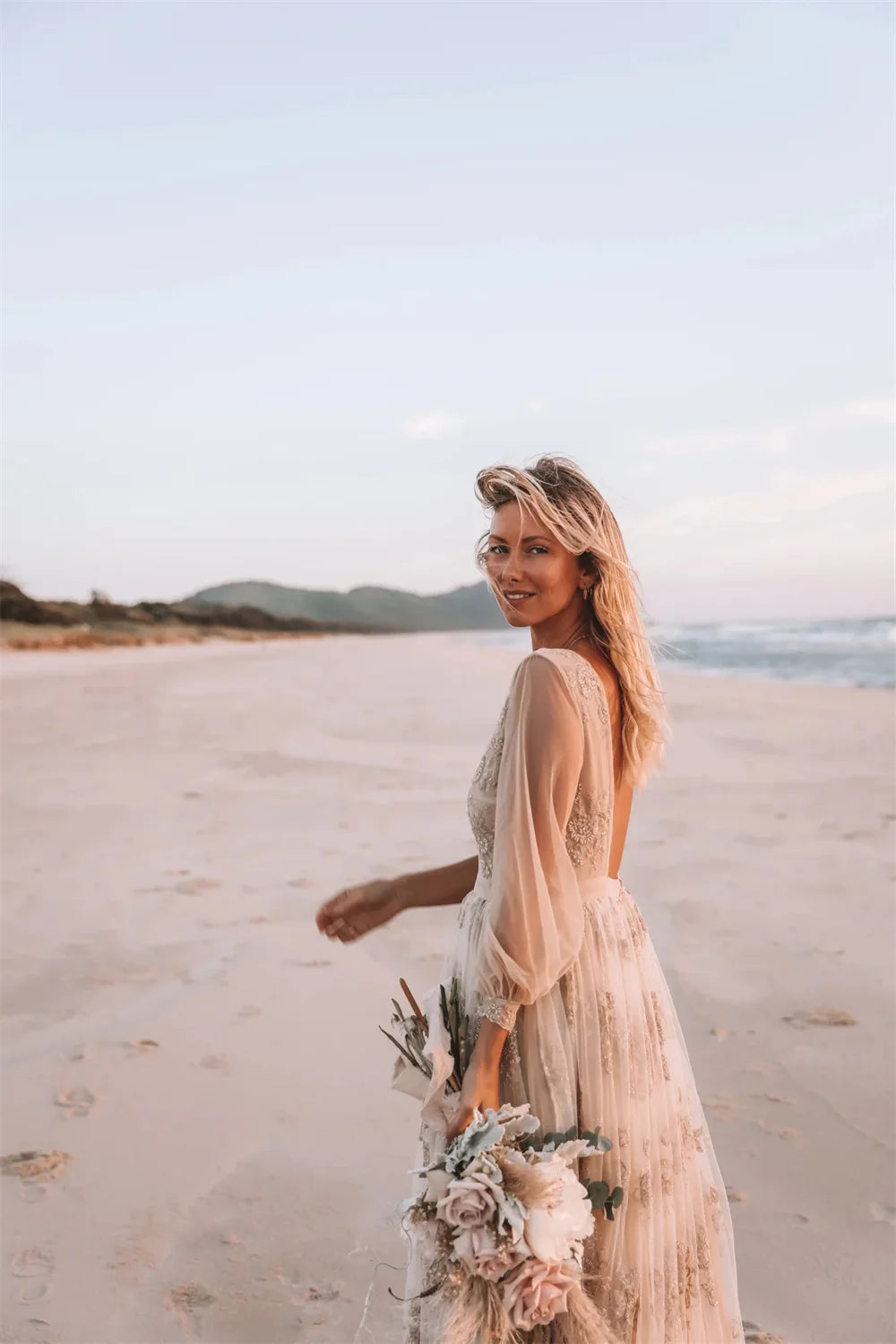 Custom Boho Embroidered Lace Wedding Dress Long Sleeve Deep V Neck Gown