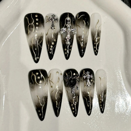 10 uñas postizas largas Y2k con punta de aguja, diseño de corazón y cruz de metal negro degradado, hechas a mano, para manicura DIY. 