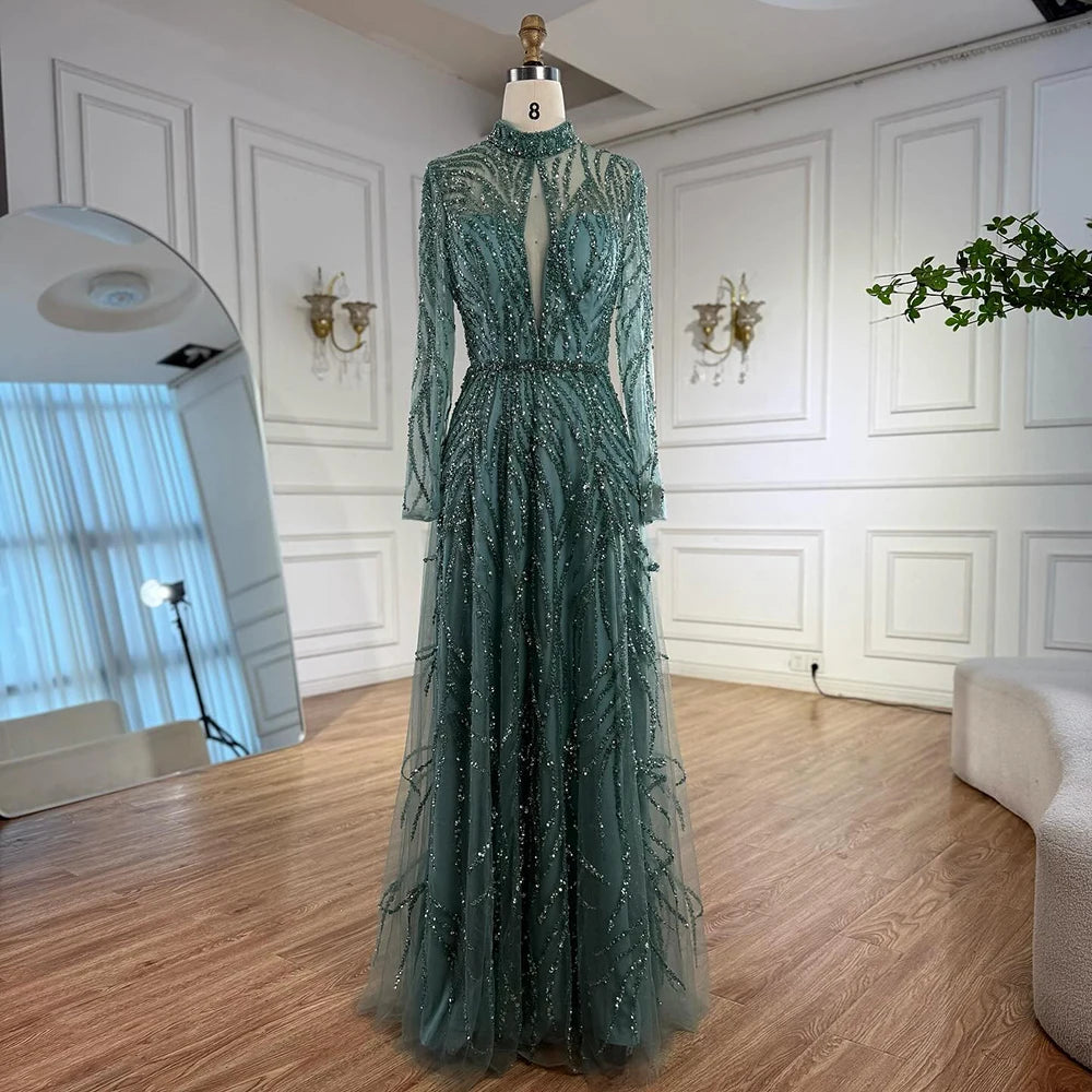 Custom Turquoise A Line Evening Dress With Beaded High Neck Formal Gown