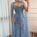 Luxury Blue Sequin Beaded Evening Dress with Cape Sleeves LA73108