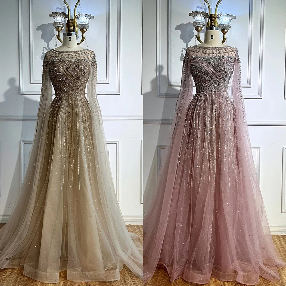 Custom Pink A Line Evening Dress With Beaded Cape Sleeves Formal Gown