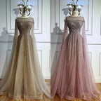 Custom Pink A Line Evening Dress With Beaded Cape Sleeves Formal Gown