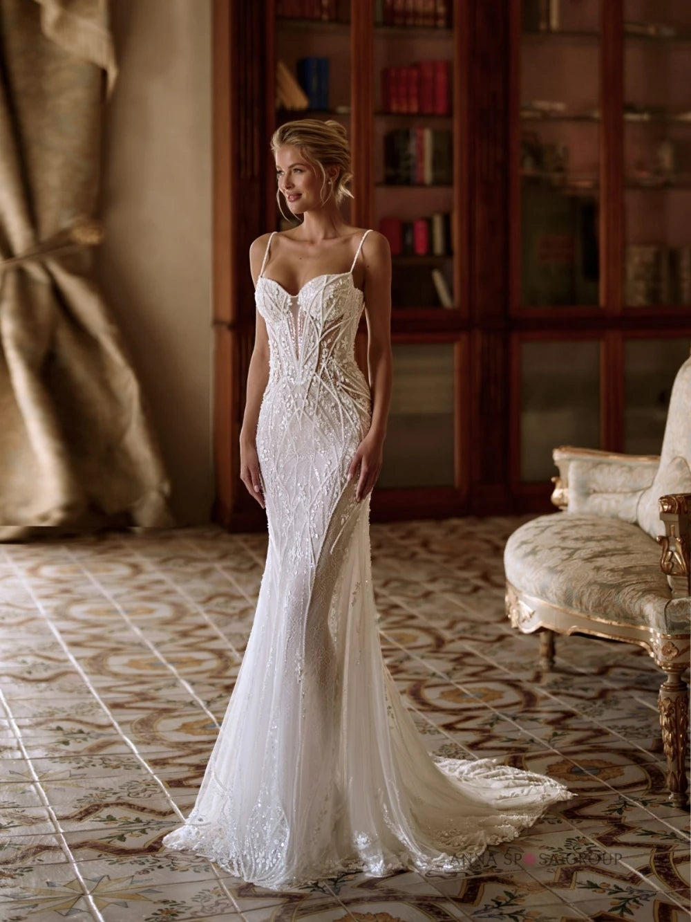 Luxury Beaded Lace Mermaid Wedding Dress With Cape And Illusion Neckline