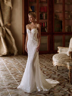 Luxury Beaded Lace Mermaid Wedding Dress With Cape And Illusion Neckline