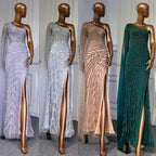 Serene Hill Custom Gold Beaded Mermaid One Shoulder Cape Sleeve Evening Dress