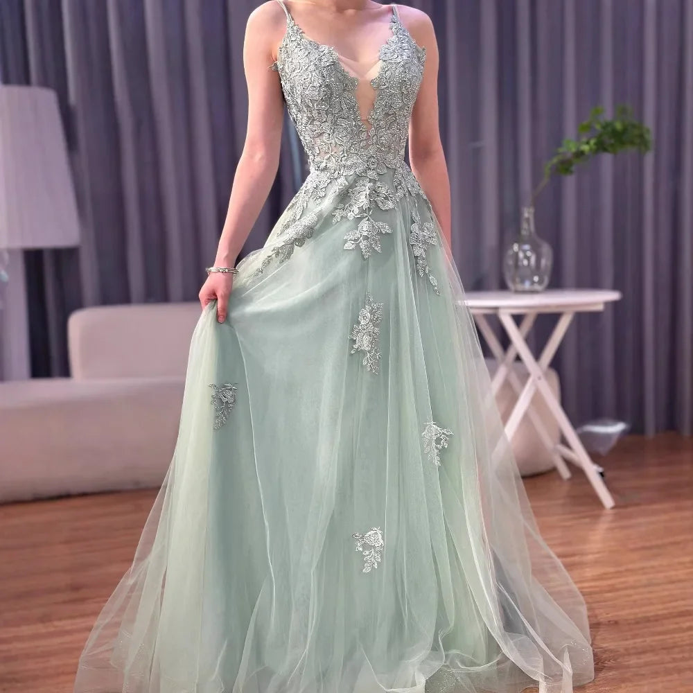 Luxury Sage Green Lace A-Line Prom Dress with Spaghetti Straps LA73005