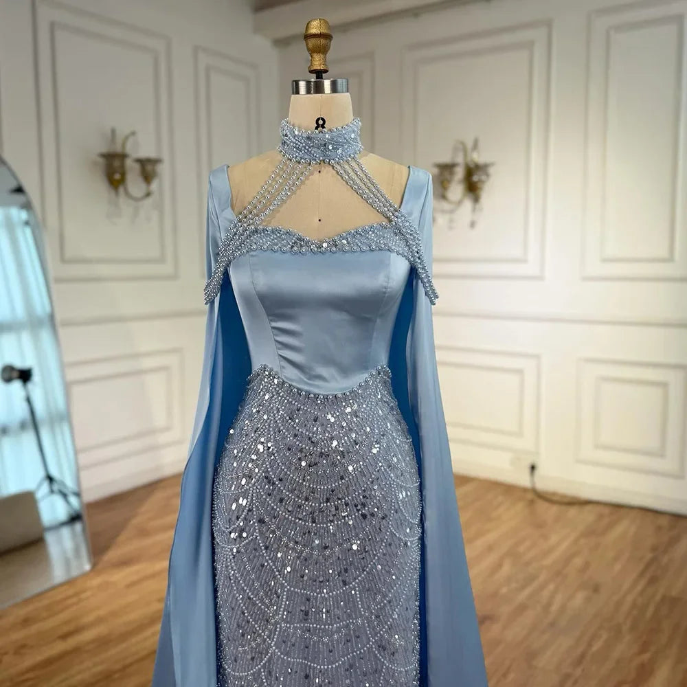 Blue Pearl Beaded Mermaid Evening Dress With Cape For Women Customized