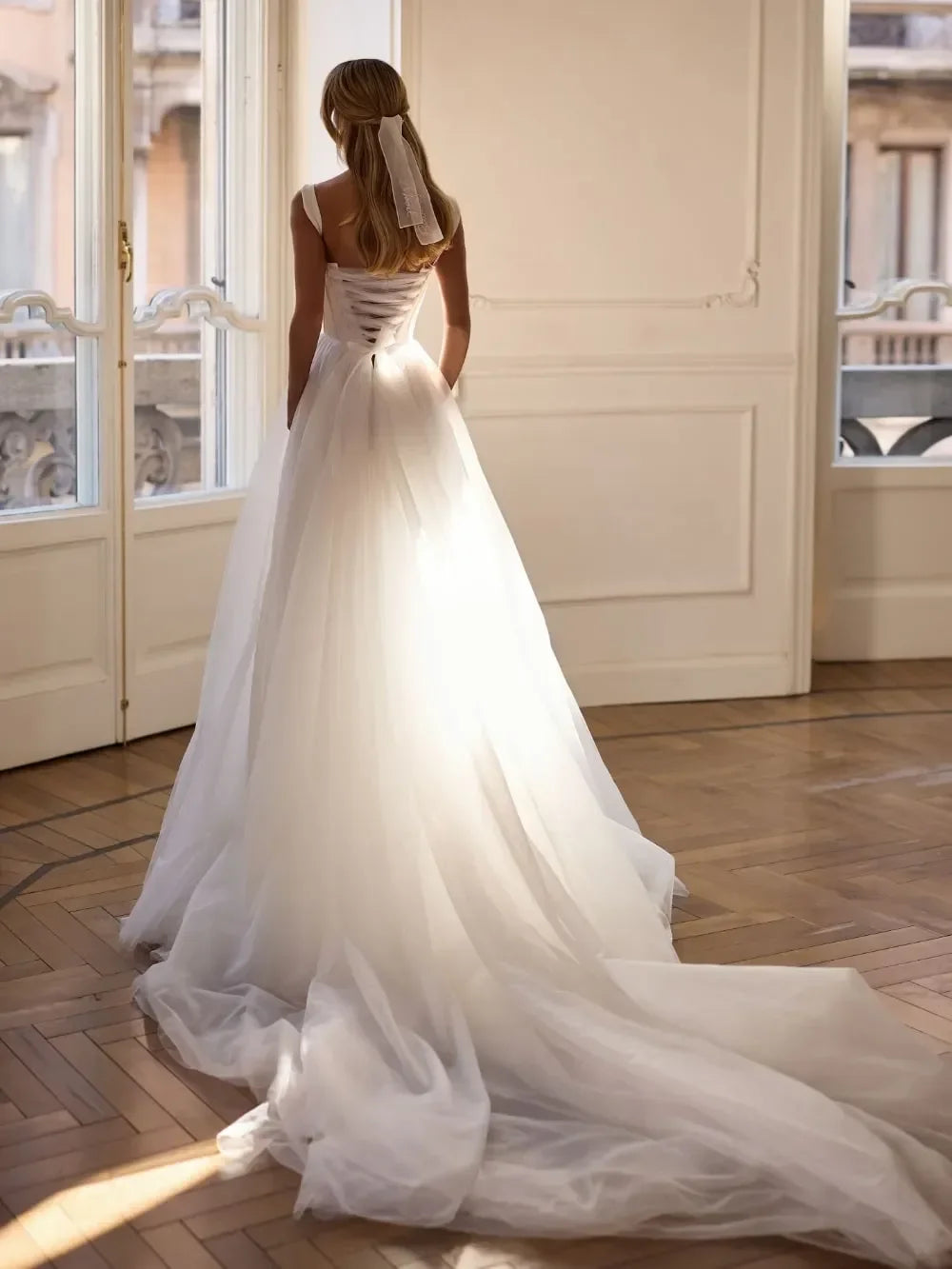 Ivory A-Line Strapless Tulle Wedding Dress Custom Boho Open Back Gown