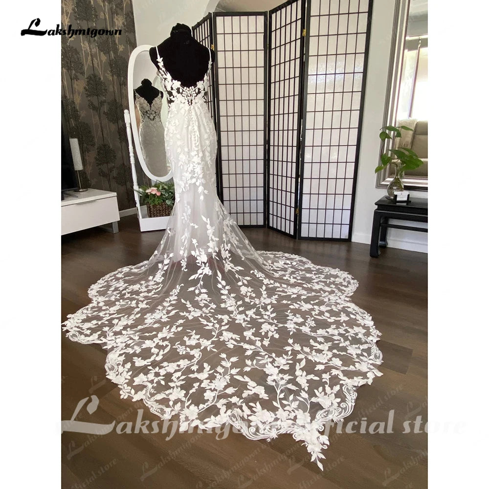 Custom Lace Mermaid Wedding Dress With Deep V Neck And Train